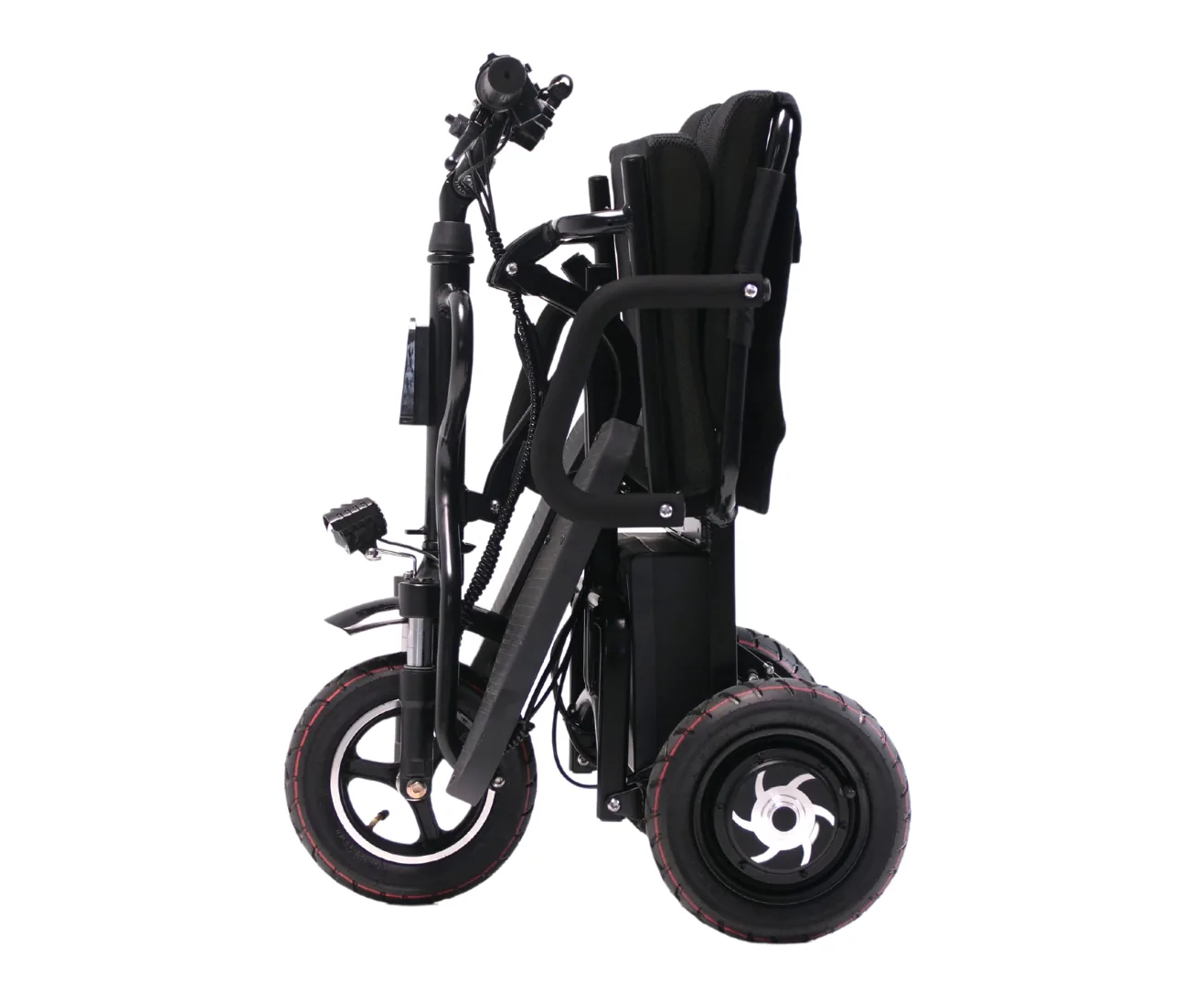 The eTricycle 2 folded upright, seen from the side
