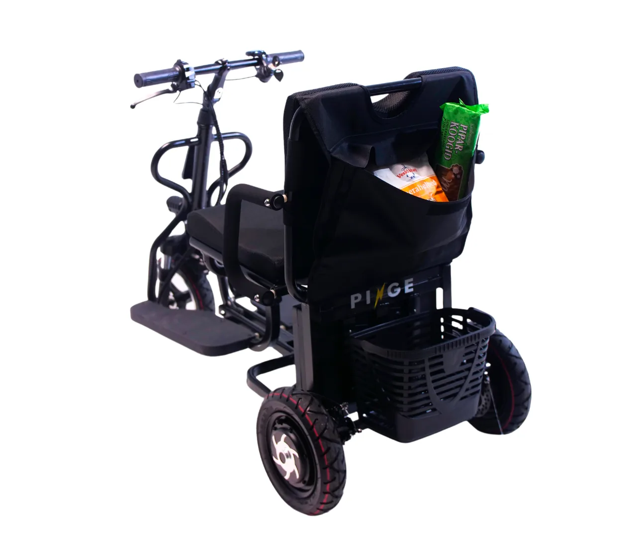A refurbished eT 2R from behind, with shopping in the seat-back bag