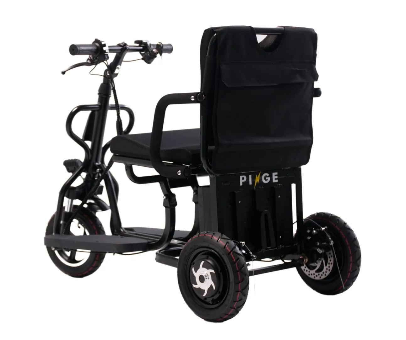 The eTricycle 2 from behind, with the Pinge logo under the seat