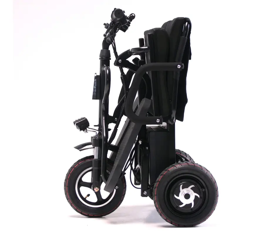 The same eTricycle 2 folded, with the seat and handlebar down over the frame